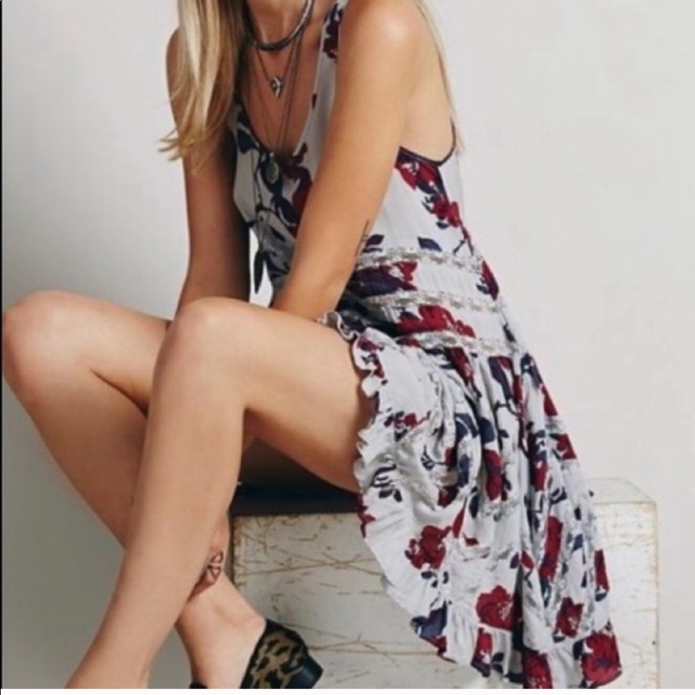 FREE PEOPLE voile TRAPEZE DRESS slip Floral tunic print women’s XS LACE romantic - Picture 3 of 13